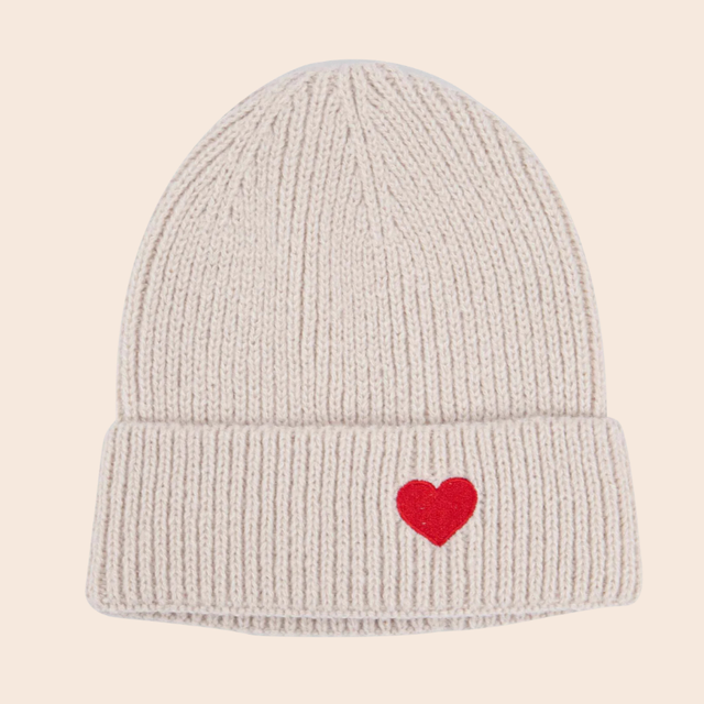 Cream Beanie Hat with Embroidered Heart