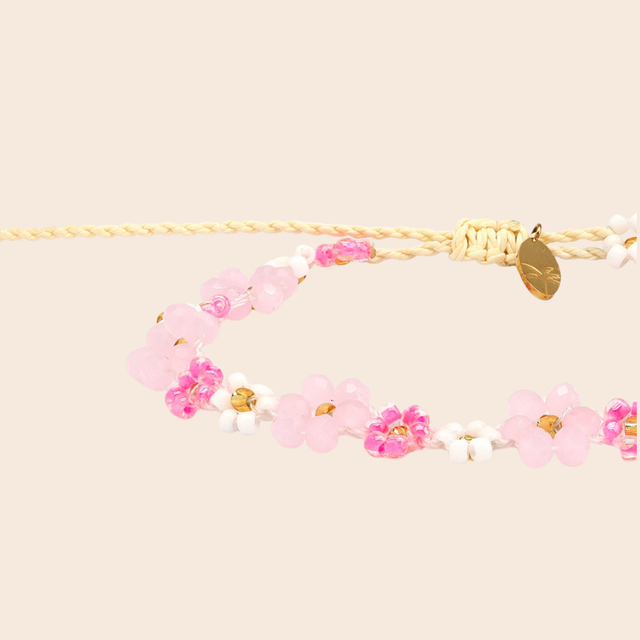 Bright Pink Beaded Daisy Bracelet