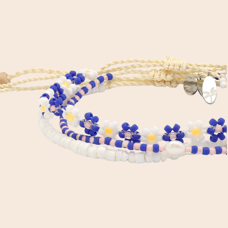Blue Beaded Daisy Trio Bracelet