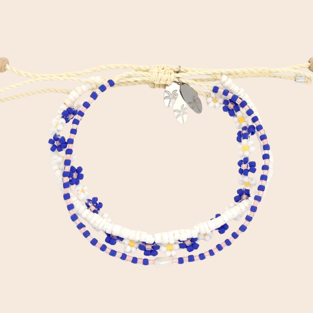 Blue Beaded Daisy Trio Bracelet