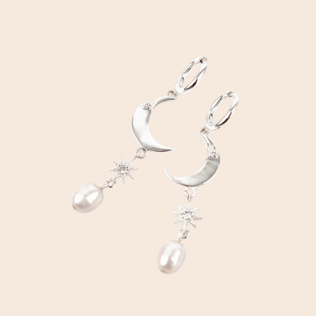 SIlver Moon & Star Pearl Huggie Earrings