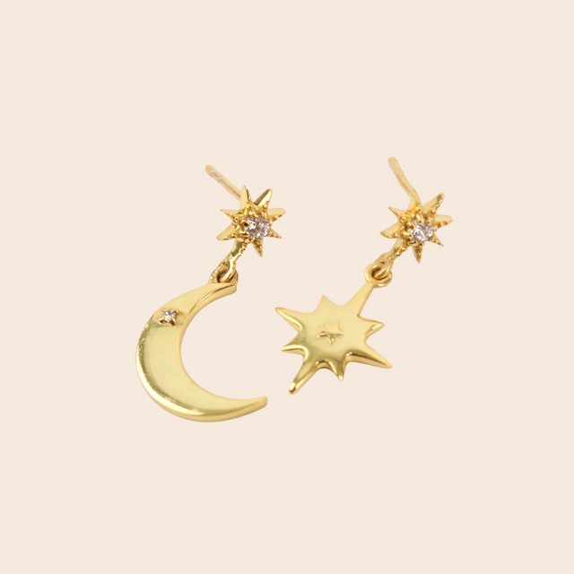 Gold Moon & Star Odd Drop Earrings
