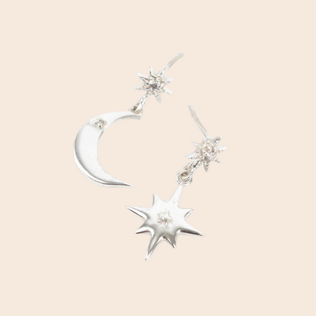 Silver Moon & Star Odd Drop Earrings