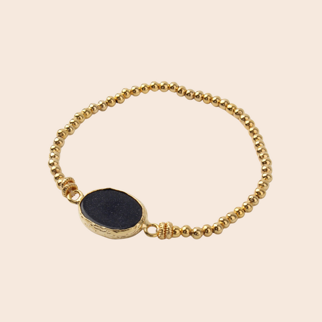 Black Sparkle Gemstone Gold Beaded Bracelet