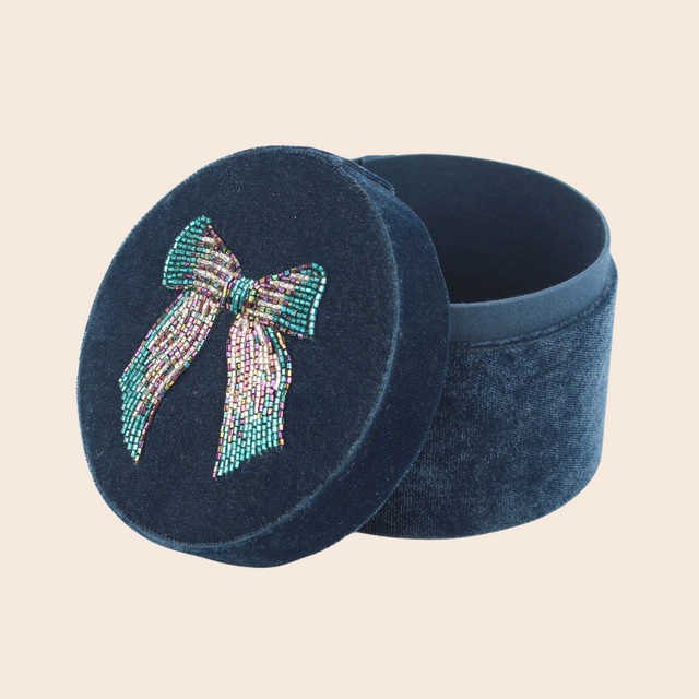 Blue Silver Bow Round Jewellery Box