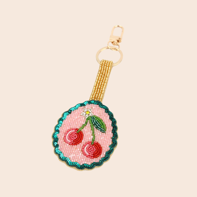 Teal Scallop Beaded Cherry Keyring