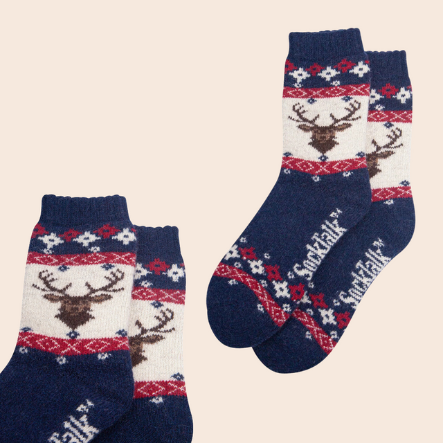 Stag Patterned Navy Blue & Red Wool Socks