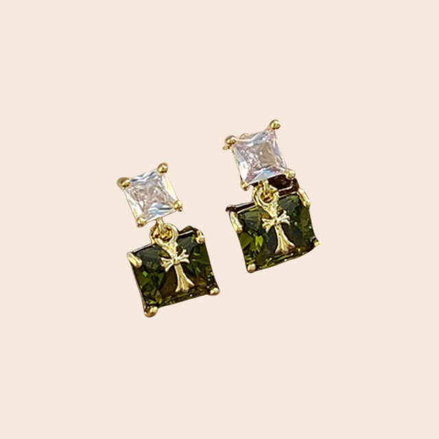 Twin Gem & Cross Charm Olive Earring