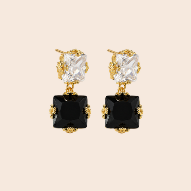 Black & Gold Square Twin Gem Drop Earrings