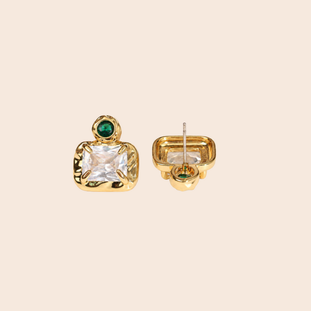 Rectangular Twin Gem Green & Gold Earrings