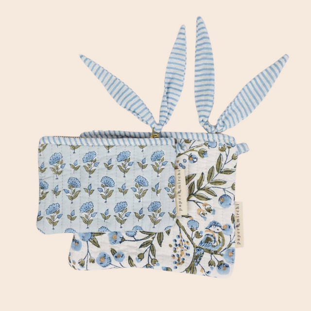 Floral Blue Stone Cotton Pouch Duo