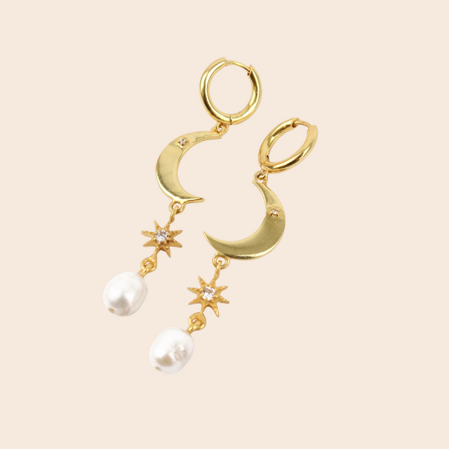Gold Moon & Star Pearl Huggie Earrings