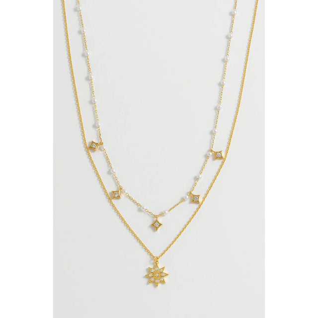 Pearl And Star Double Chain Gold Plated Necklace