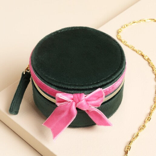 Green & Pink Velvet Bow Round Jewellery Box