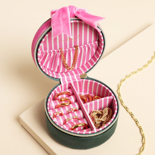 Green & Pink Velvet Bow Round Jewellery Box