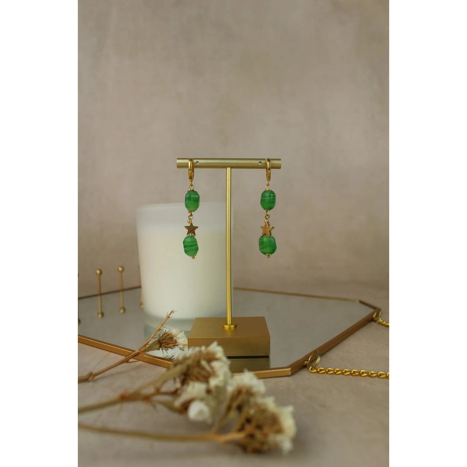 Lime Green Facet Glass Drop Star Earrings