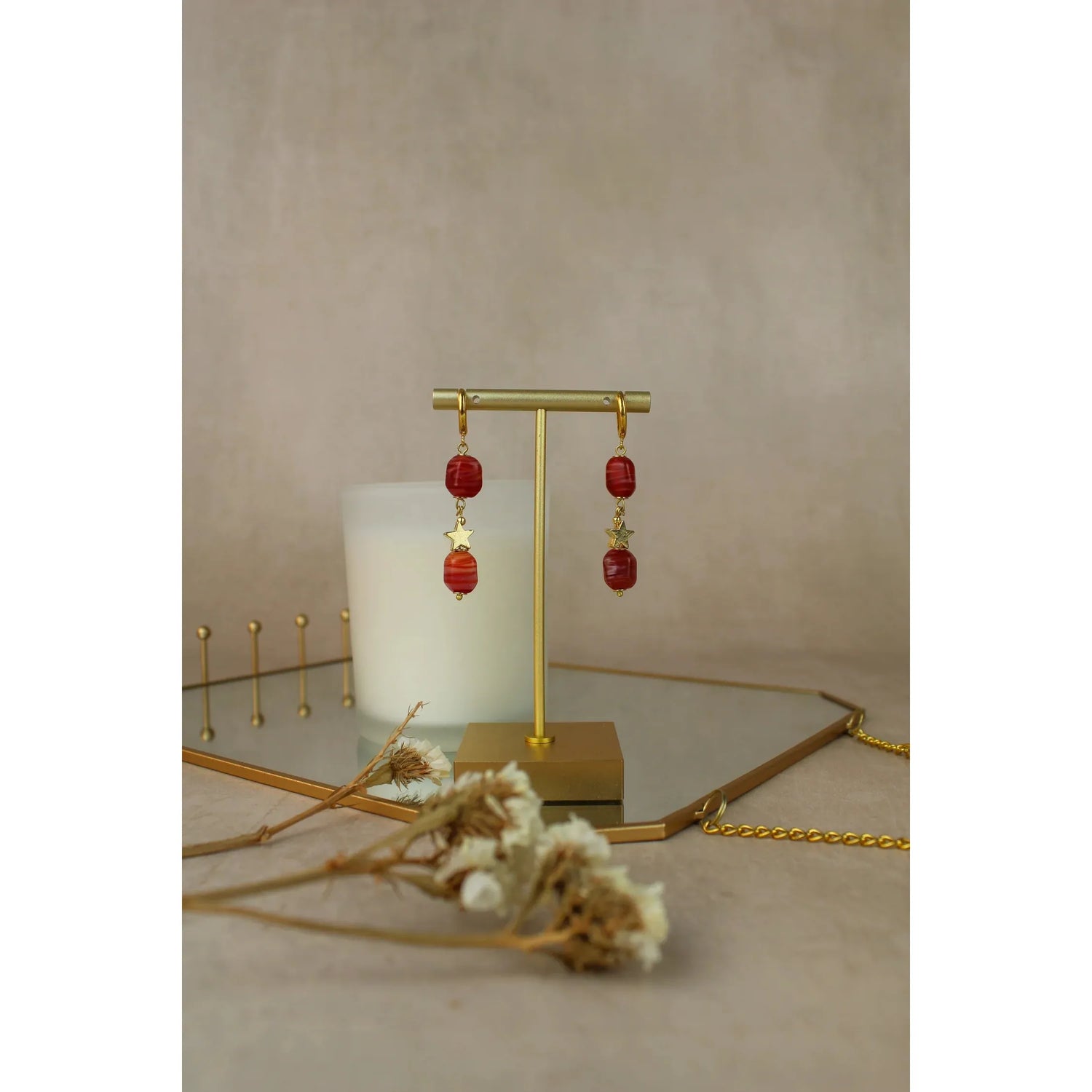 Cranberry Facet Glass Drop Star Earrings