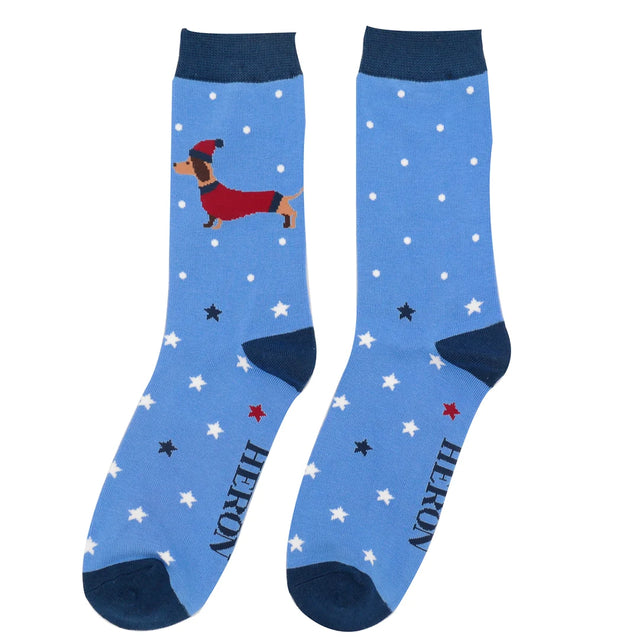 Festive Sausage Dog Blue Men's Socks