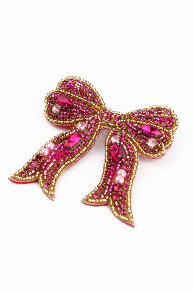 Beaded Pink Bow Brooch