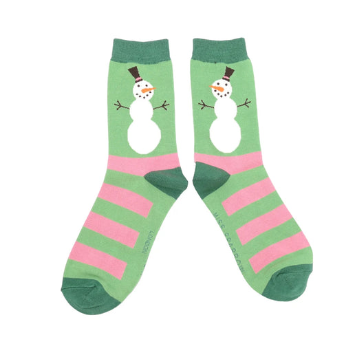 Snowmen Stripes Green Bamboo Socks