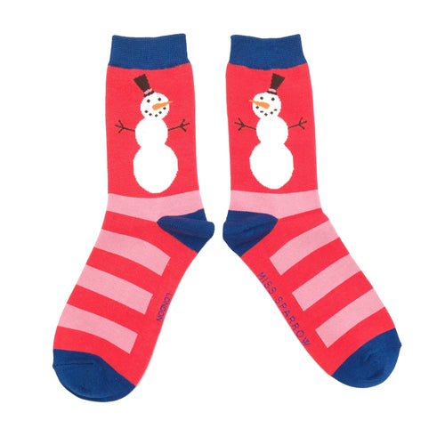 Snowmen Stripes Red Bamboo Socks