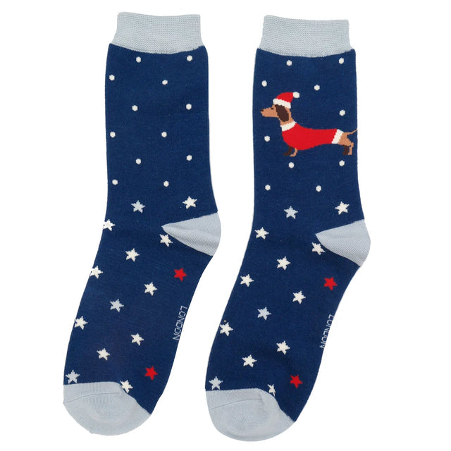 Festive Sausage Dog Navy Ladies Socks