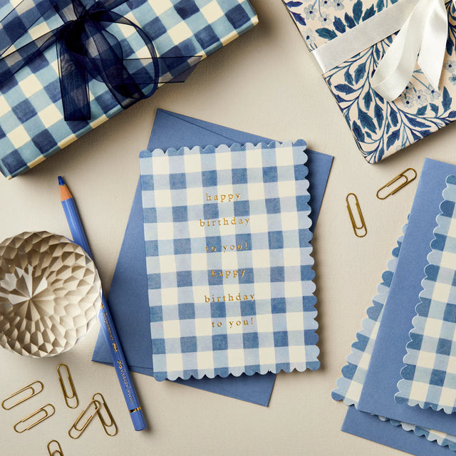 Happy Birthday Blue Gingham Scallop Card