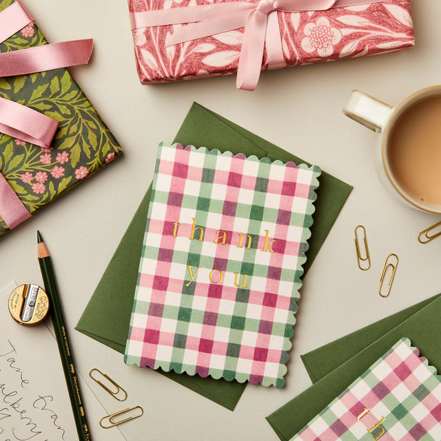 Thank You Pink & Green Gingham Scallop Card