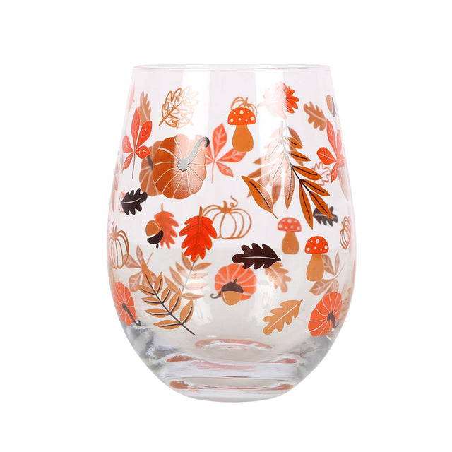 Autumn Pumpkin Leaves Stemless Glass