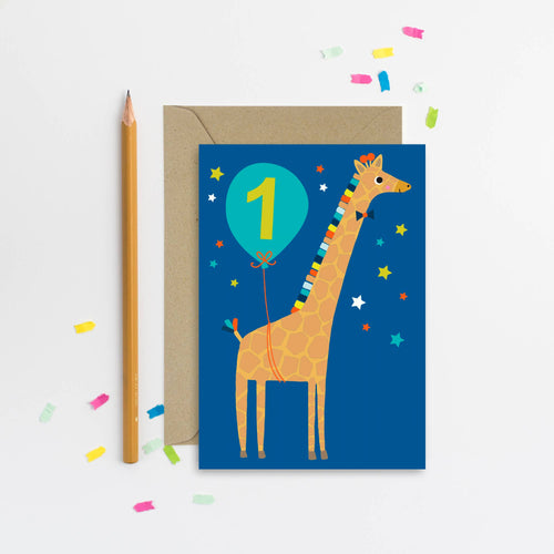 Age 1 Blue Giraffe Birthday Card