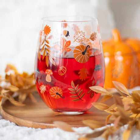 Autumn Pumpkin Leaves Stemless Glass