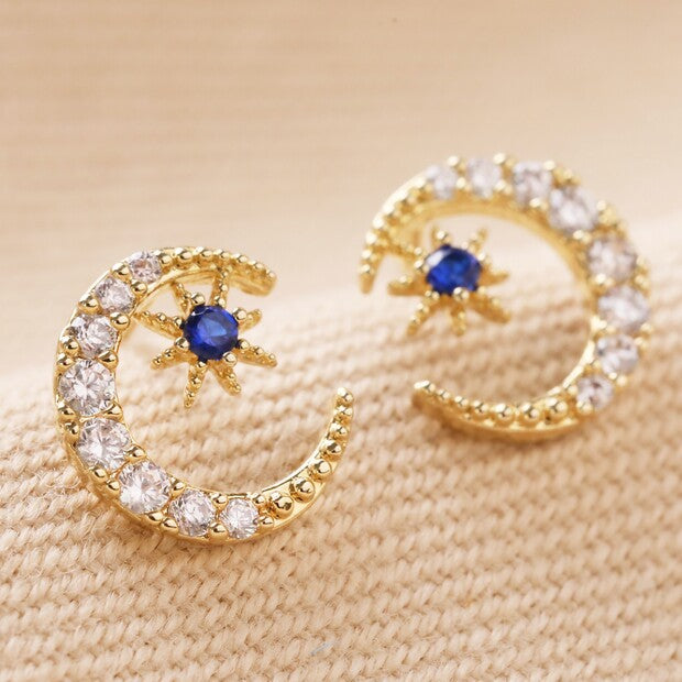 Blue Gold Crystal Moon Studs