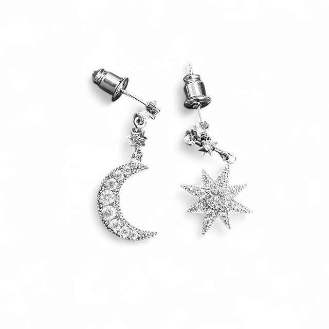 Silver Moon & Star Odd Drop Earrings