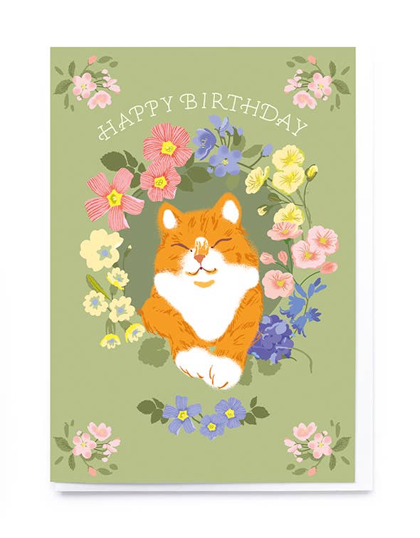Cat & Flowers Birthday Card