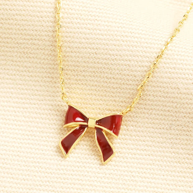 Red Enamel Bow Pendant Necklace in Gold