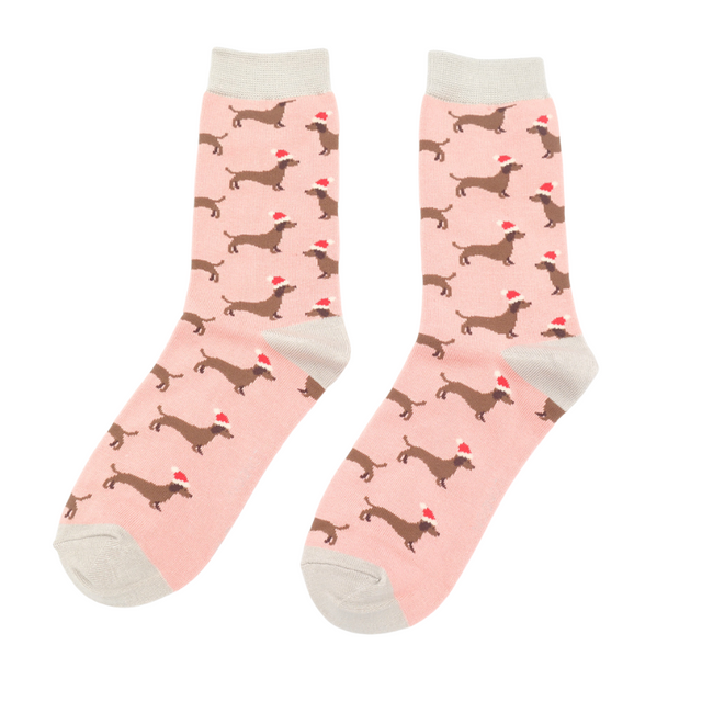 Sausage Dog Santa Dusky Pink Women's Bamboo Socks
