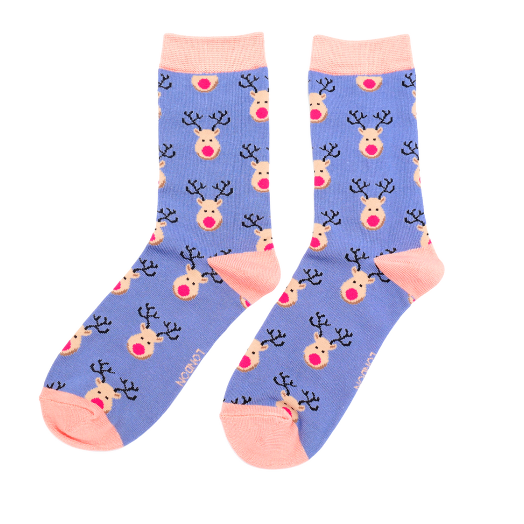 Reindeer Denim Blue Ladies Socks