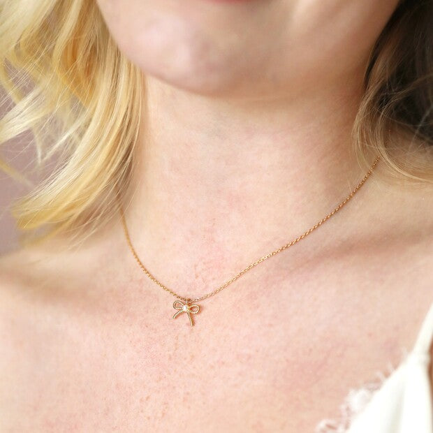 Gold Tiny Pearl Bow Necklace