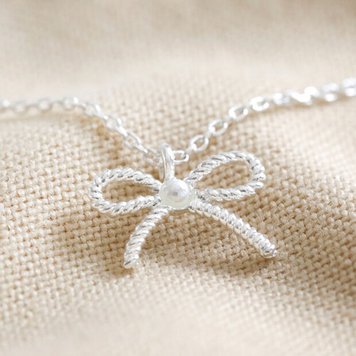 Tiny Pearl Bow Silver Necklace