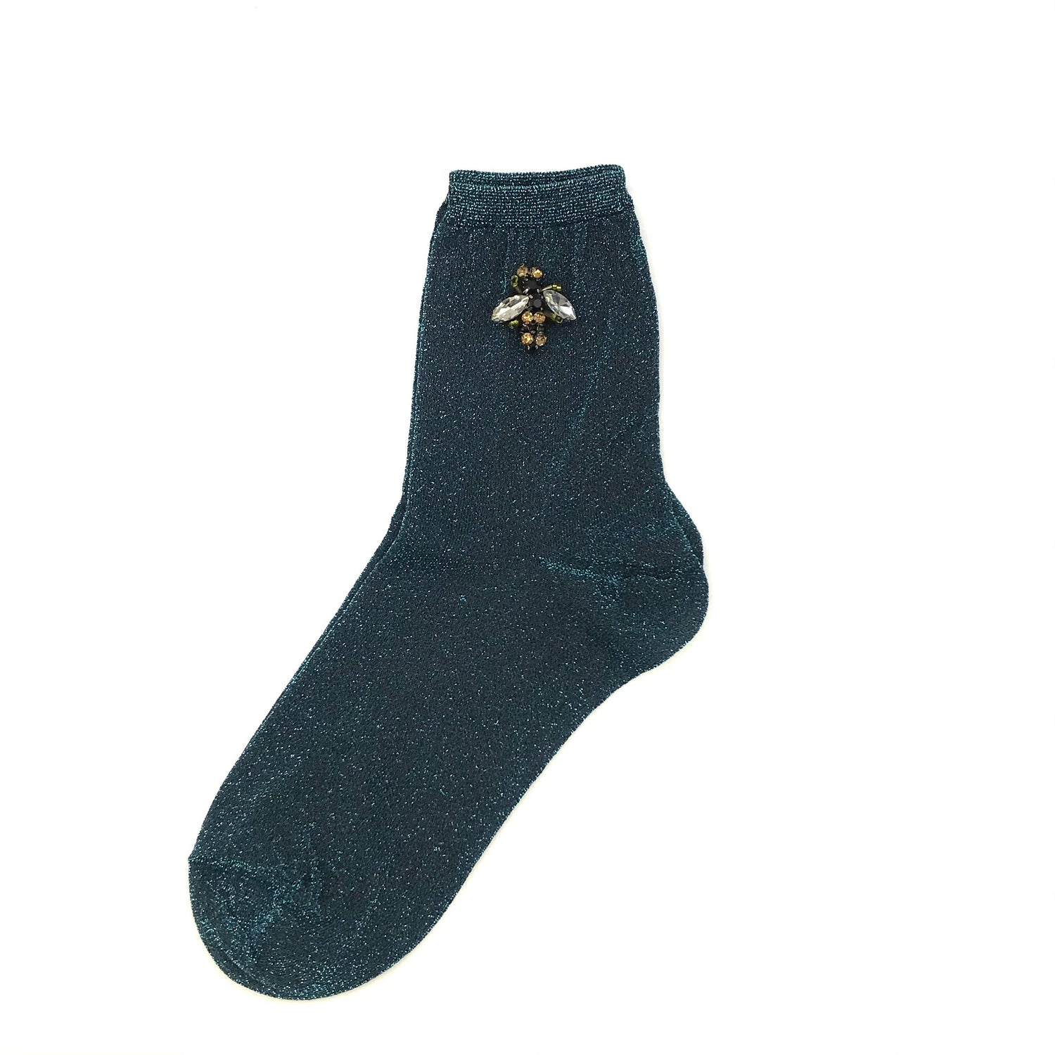 Sparkly Teal Socks with Bee Pin