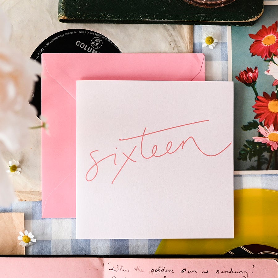 Hand Lettered Pink Sixteen Card