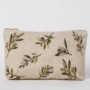 Olive Natural Embroidered Travel Pouch