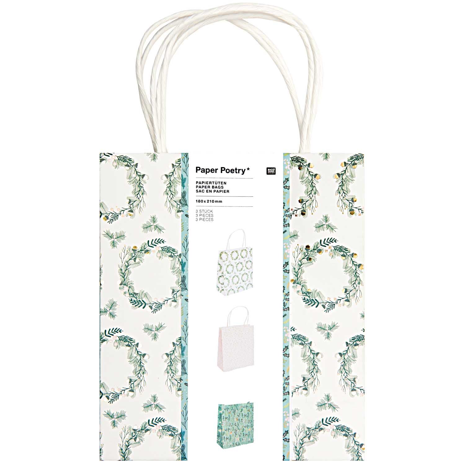 Set Of 3 Green And Pink Festive Gift Bags