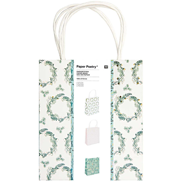 Set Of 3 Green And Pink Festive Gift Bags
