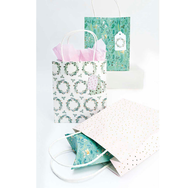 Set Of 3 Green And Pink Festive Gift Bags