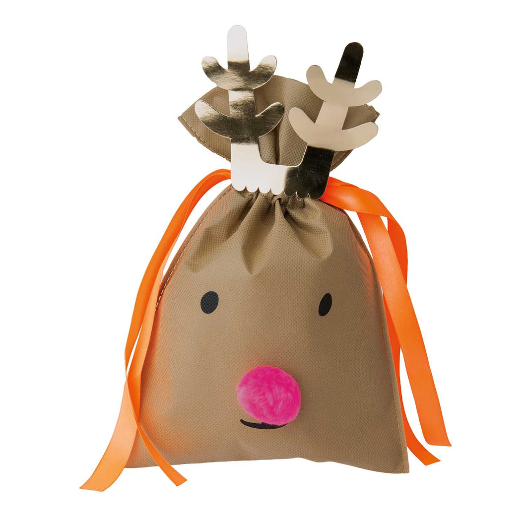 Small Reindeer Gift Bag - Bright Pink Pom Nose