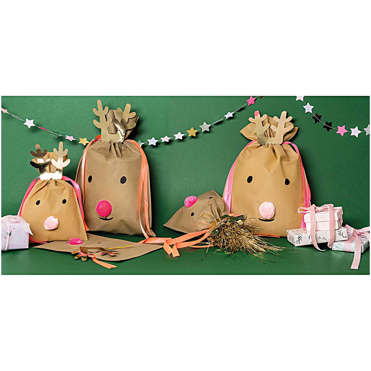Small Reindeer Gift Bag - Bright Pink Pom Nose