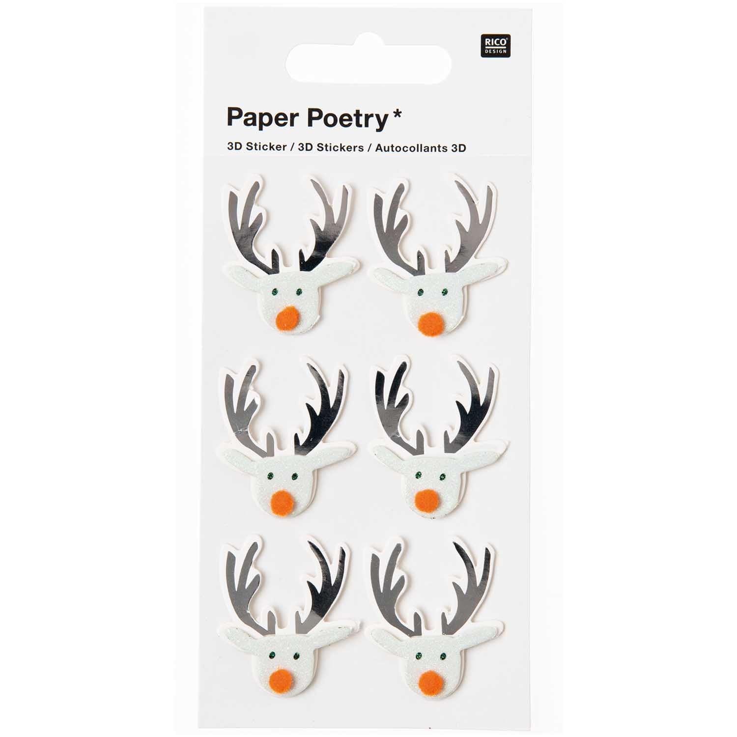 3D Reindeer Stickers - Silver