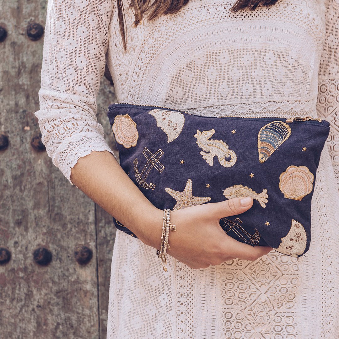 Seashell Embroidered Travel Pouch