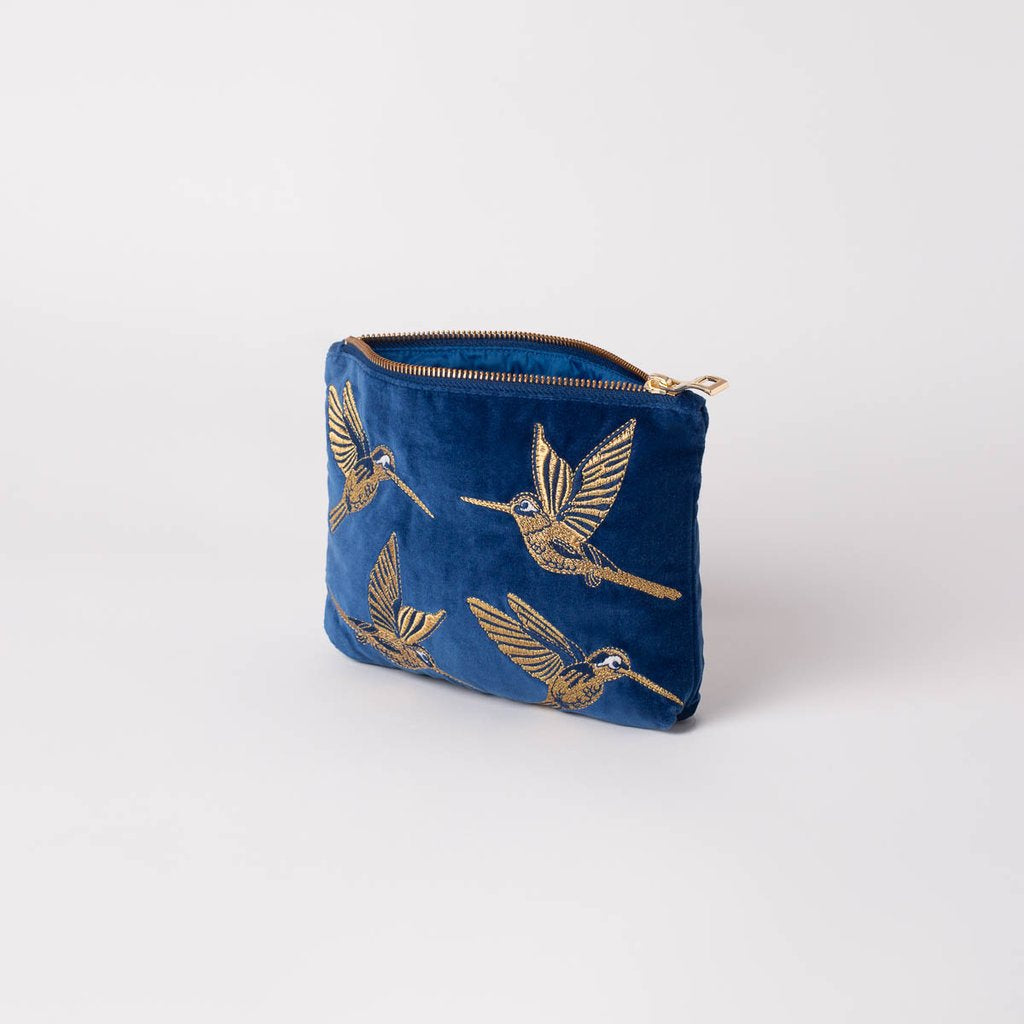 Cobalt Velvet Hummingbird Make Up Bag